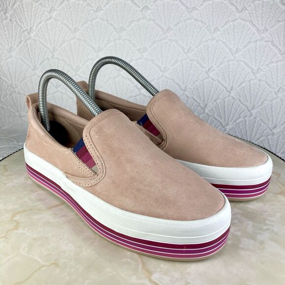 Sperry Shoes Womens 7 Pink Stripes Suede Crest Twin Gore Boat Platform Loafers - Picture 2 of 12
